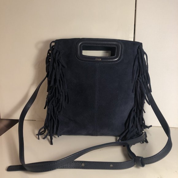 Maje Handbags - Maje M Bag, Navy Blue Suede Fringe, Medium